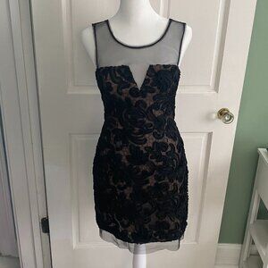 Stunning BCBG Abigail cocktail dress with sheer mesh and embroidered detailing